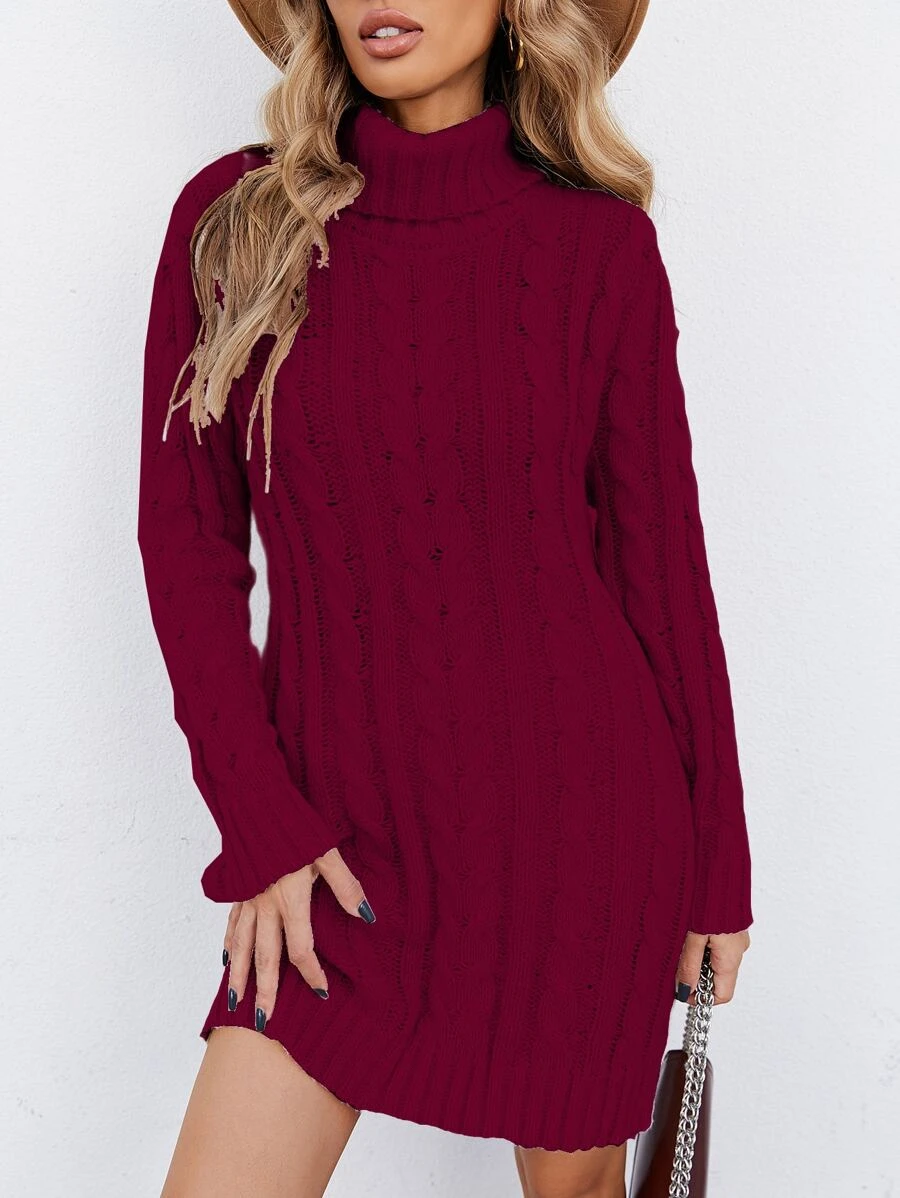 Robe pull unicolore à col roulé en tricot torsadé