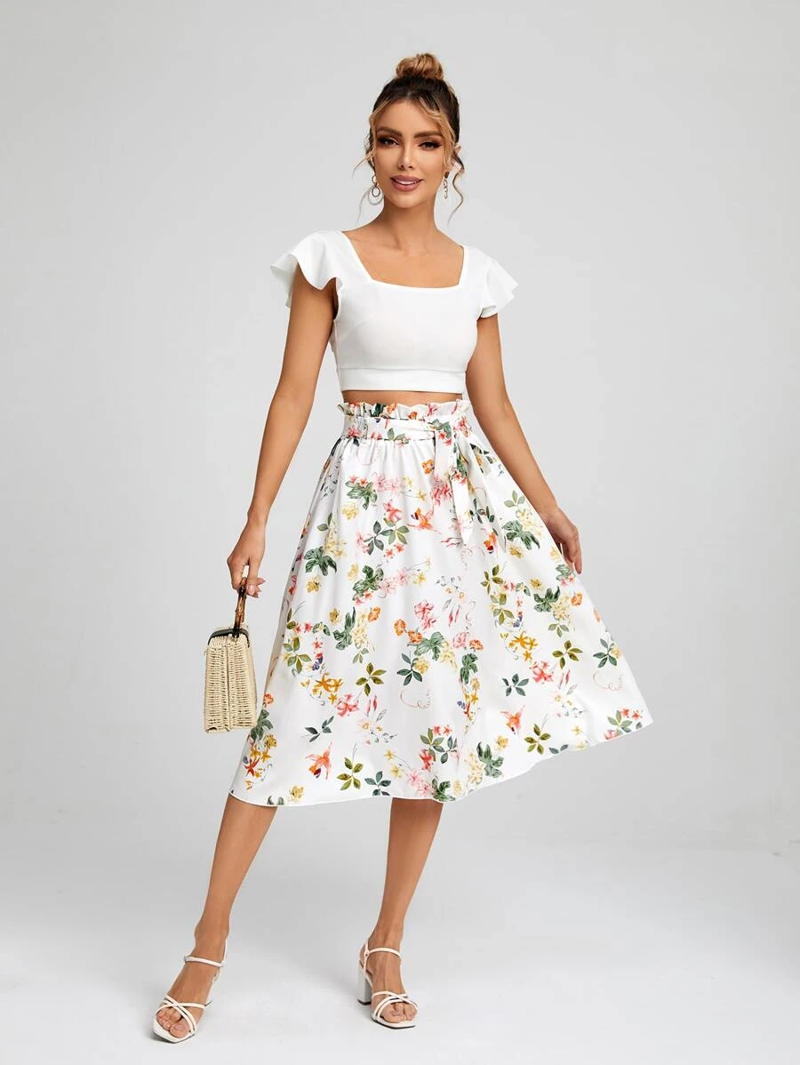 Jupe à imprimé floral à taille froncée