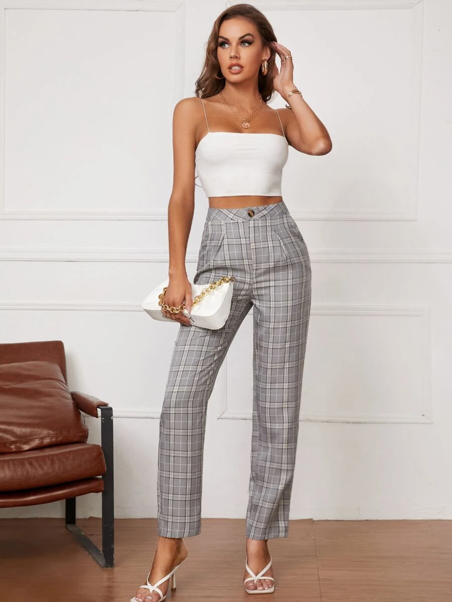 Pantalon taille haute à carreaux à poches