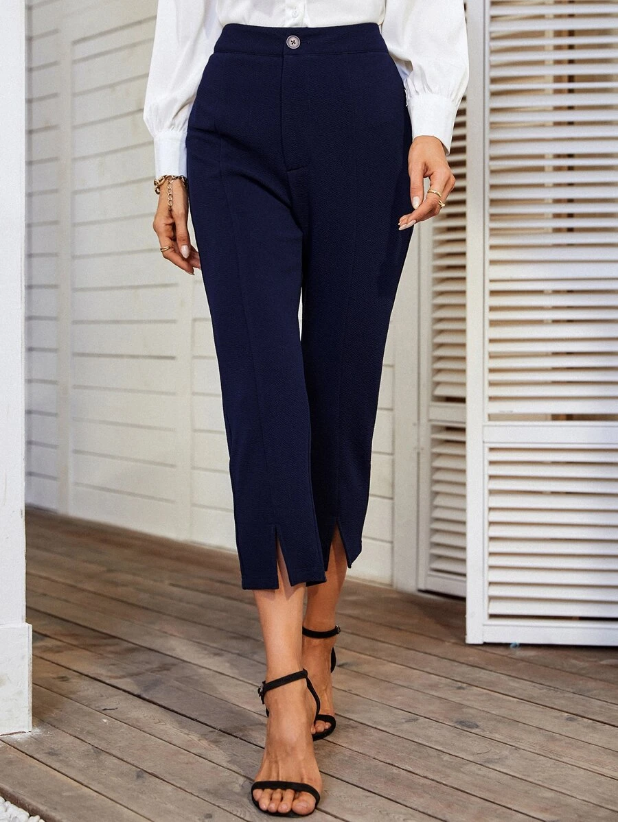 Pantalon unicolore taille haute fendu