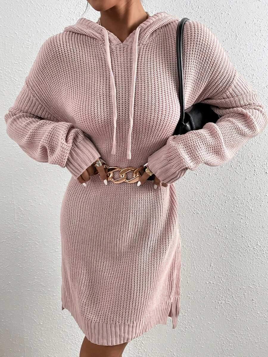 Robe pull côtelé à cordon à capuche fendue