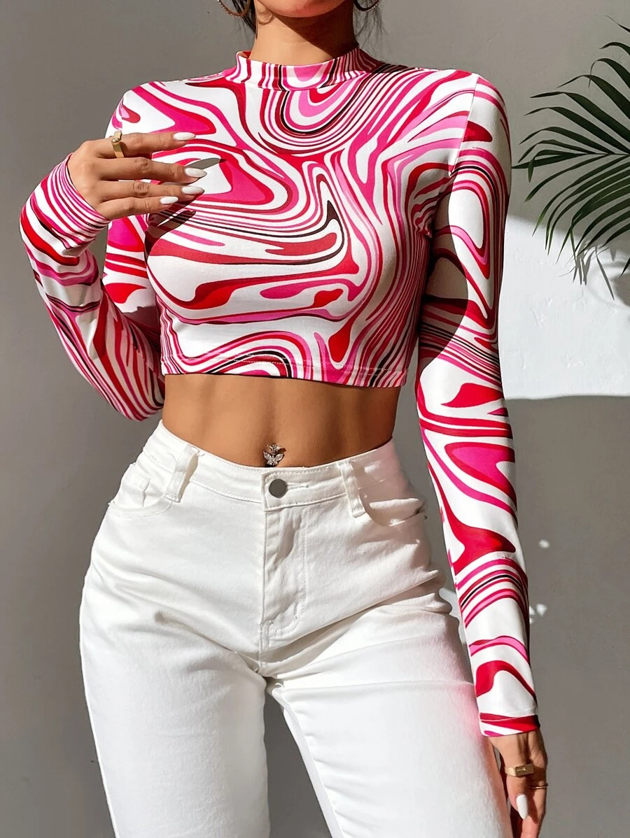 T-shirt court à imprimé à col montant