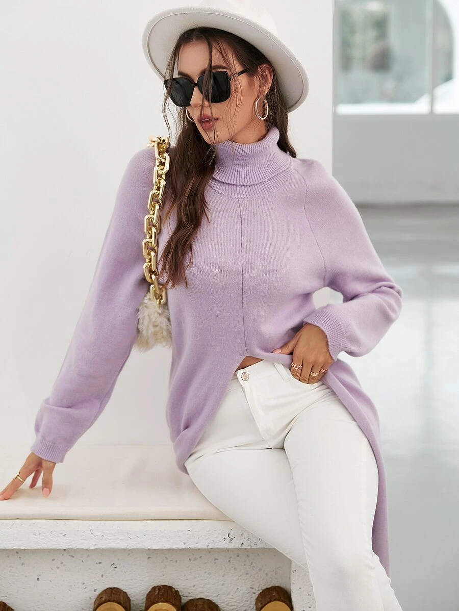 Pull col roulé manches raglan fendu