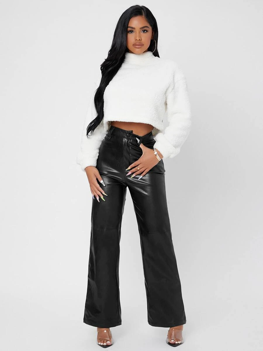 Pantalon unicolore taille haute droit en cuir